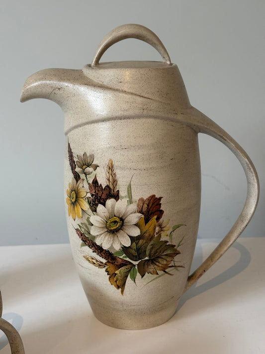 Vintage Stoneware Pitcher & Mug Set – Daisy Motif (7 Pieces)