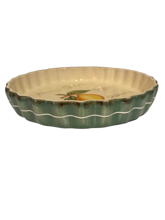 Vintage Green Scalloped Ceramic Quiche Dish with Lemon Motif