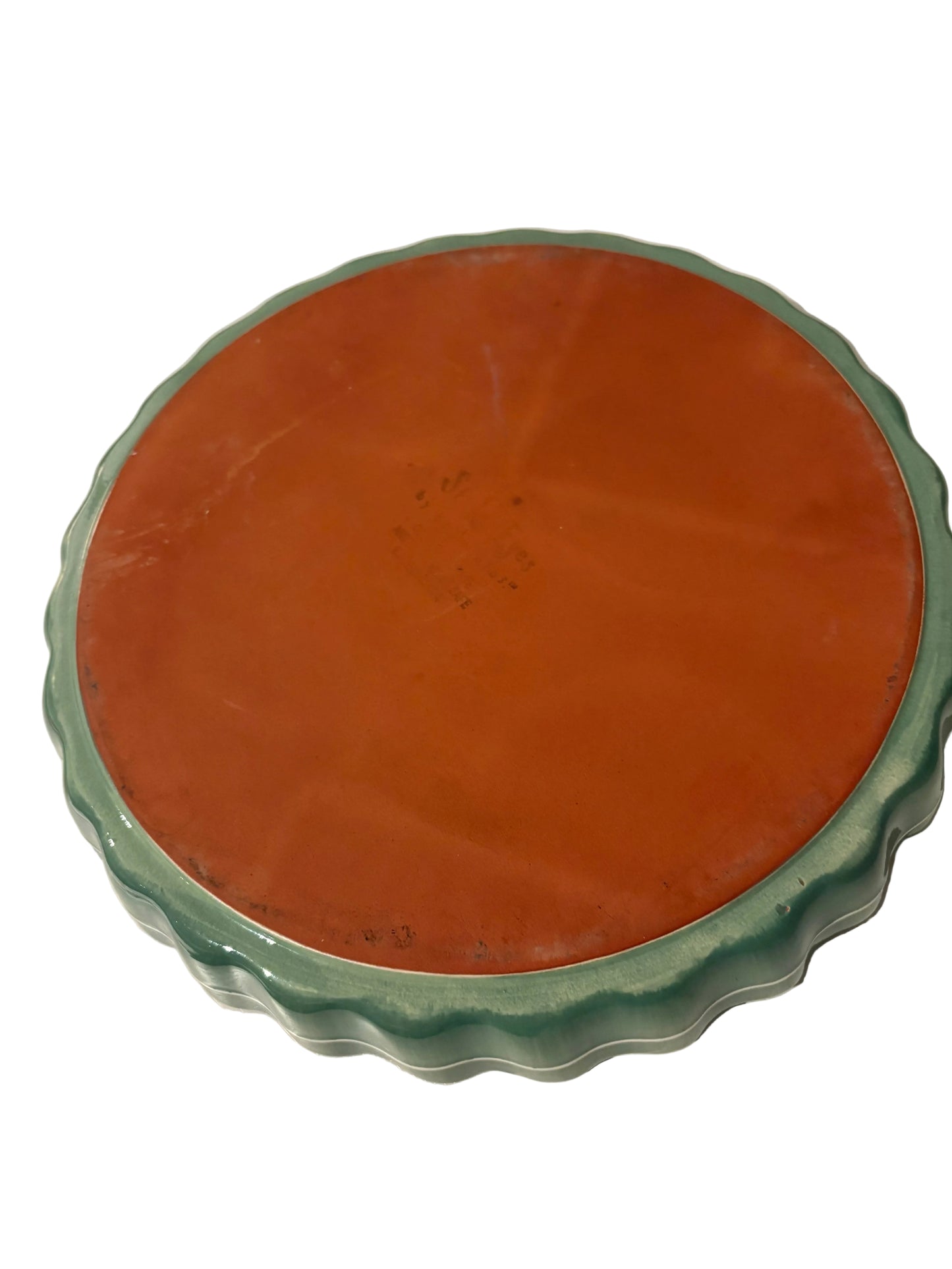 Vintage Green Scalloped Ceramic Quiche Dish with Lemon Motif