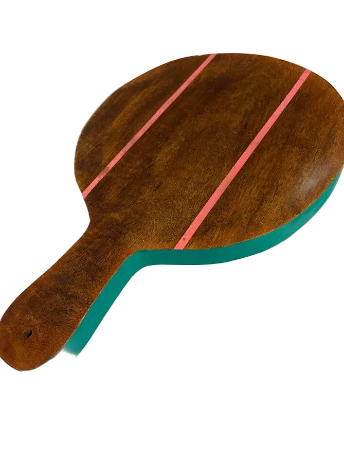 Round Mango Wood Serving Board — Coral & Teal Painted Stripe Detail