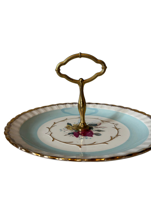 Wood & Sons Porcelain Tidbit Tray — Powder Blue Floral with Brass Handle