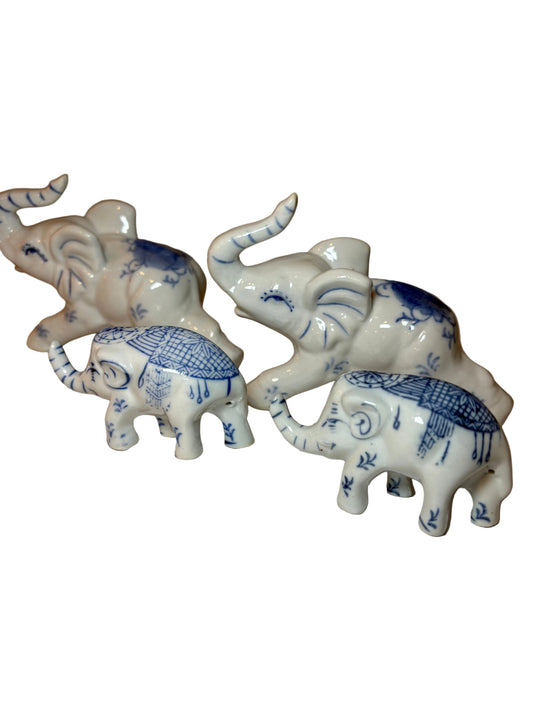 Blue & White Porcelain Elephant Figurine Set of 4