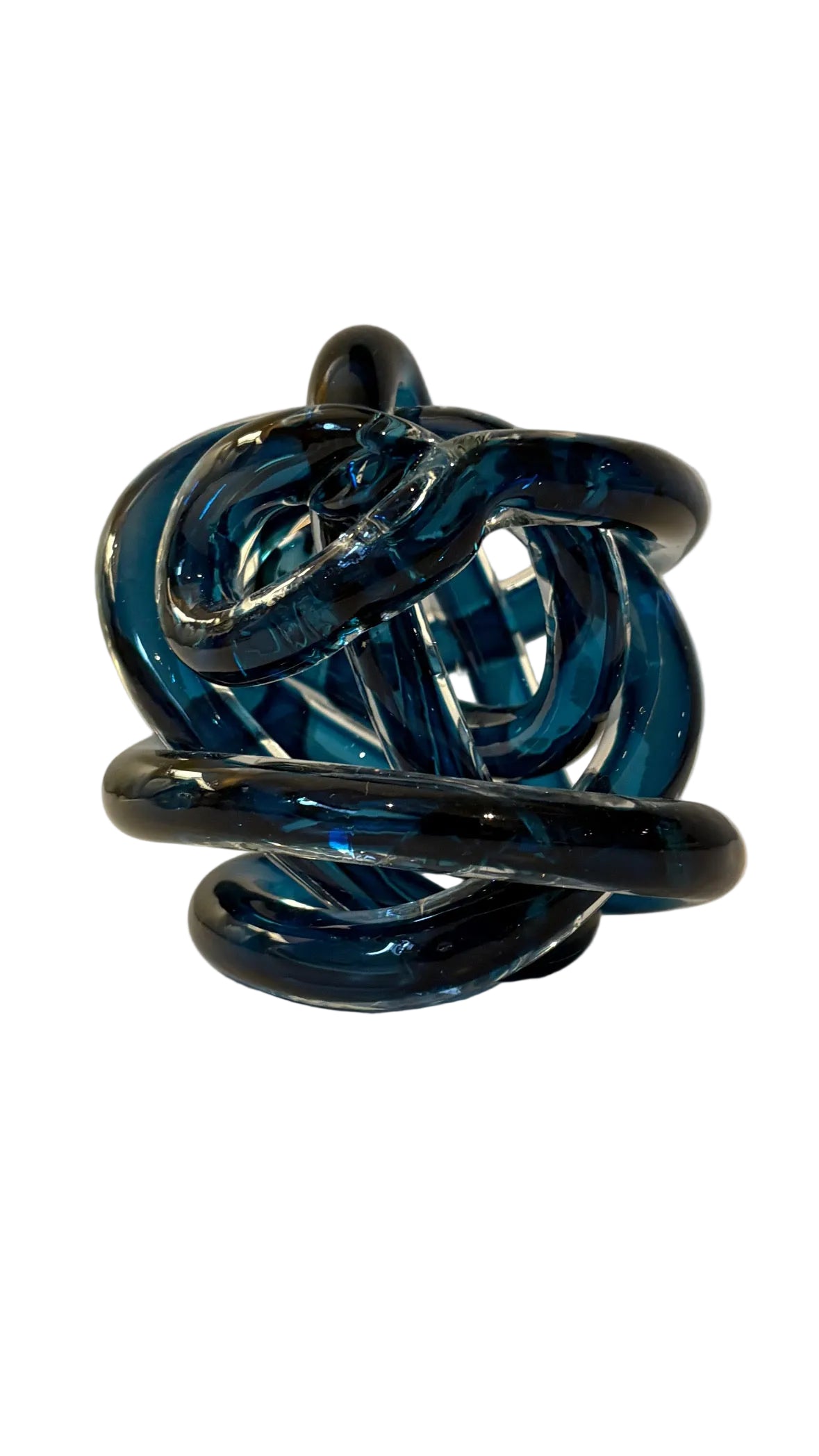 Deep blue glass knot sculpture with interwoven loops