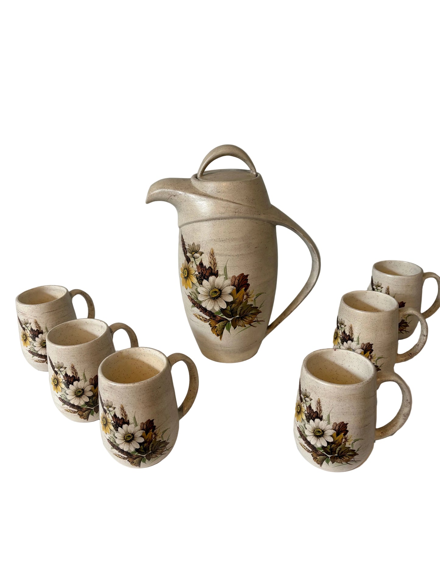 Vintage Stoneware Pitcher & Mug Set – Daisy Motif (7 Pieces)