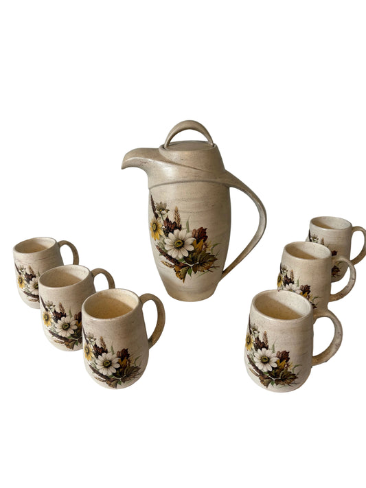 Vintage Stoneware Pitcher & Mug Set – Daisy Motif (7 Pieces)