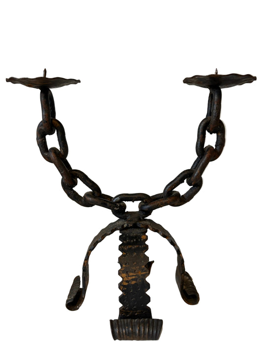Brutalist Iron Chain Candelabra – Dual Taper Holder