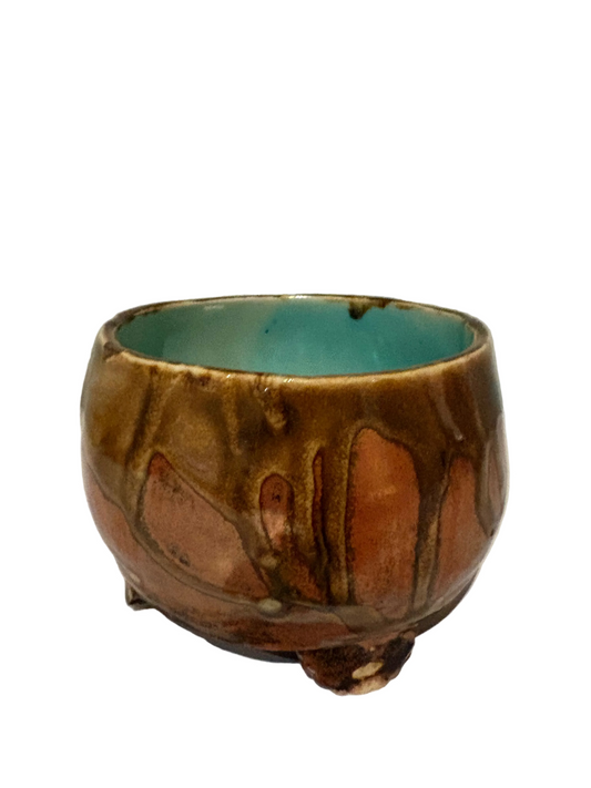 Vintage Studio Pottery Bowl — Terracotta & Turquoise Drip Glaze