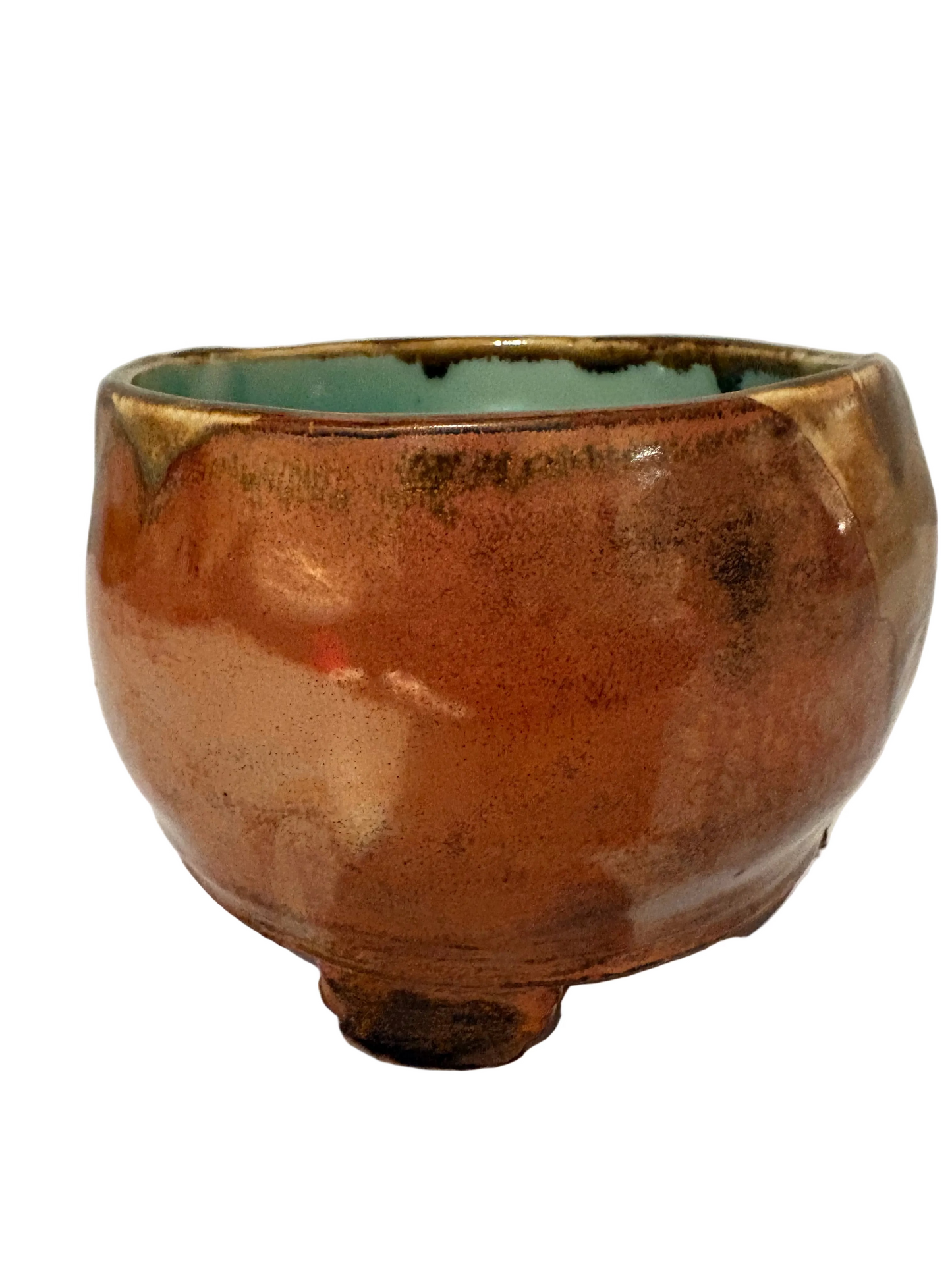 Vintage Studio Pottery Bowl — Terracotta & Turquoise Drip Glaze