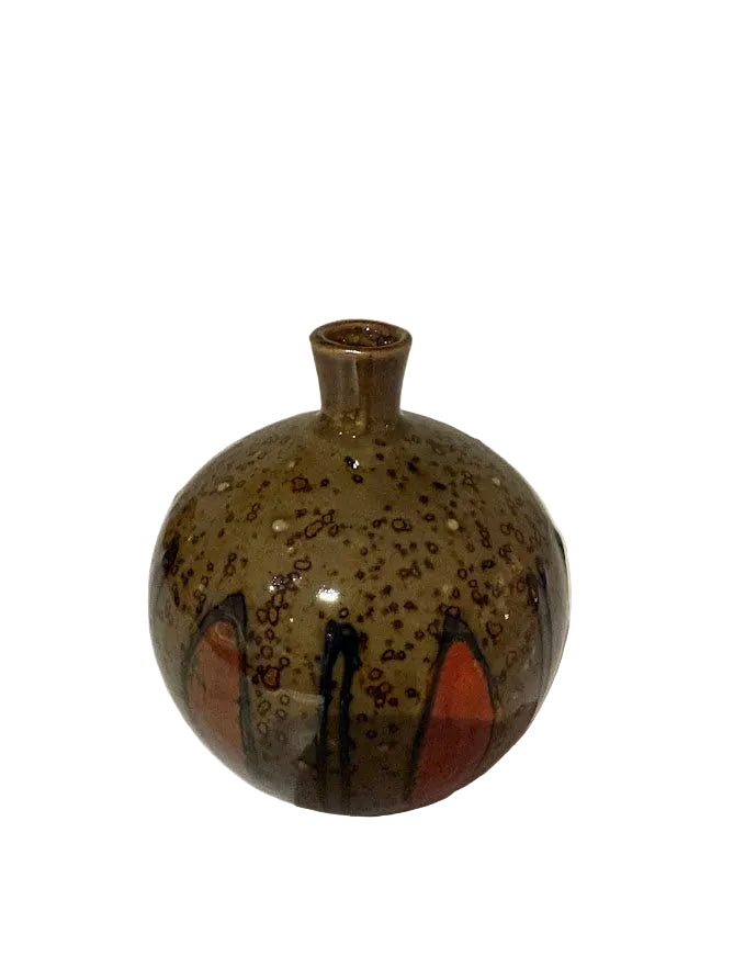 Vintage Studio Pottery Moon Vase — Olive & Terracotta Drip Glaze