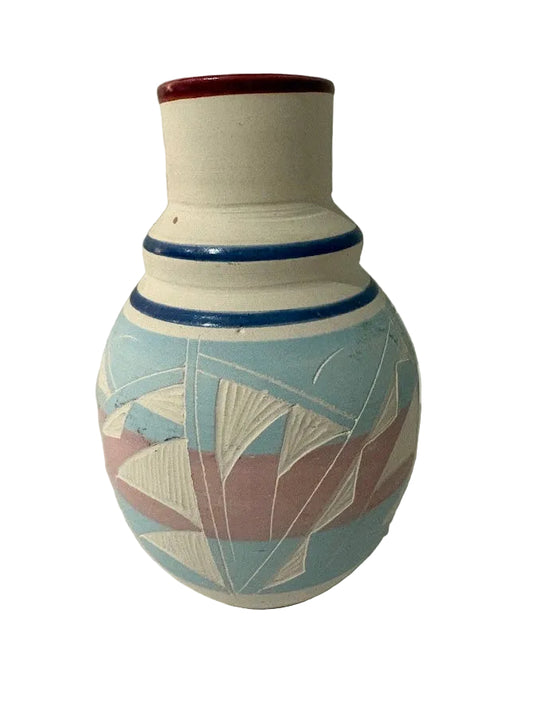 Imperio de Arte Sgraffito Ceramic Vase — Pale Blue, Rose & Cream
