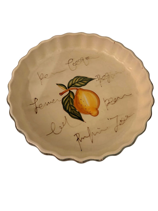 Vintage Green Scalloped Ceramic Quiche Dish with Lemon Motif