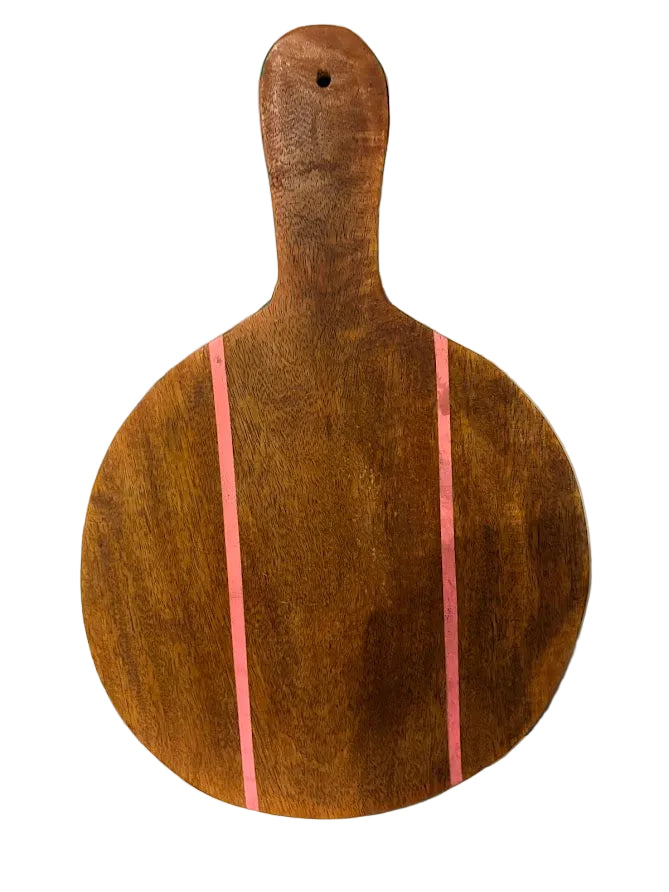 Round Mango Wood Serving Board — Coral & Teal Painted Stripe Detail