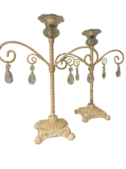 Vintage Cream & Crystal Candelabra Pair