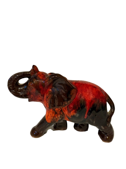 Vintage Red & Black Lava Glaze Ceramic Elephant Figurine