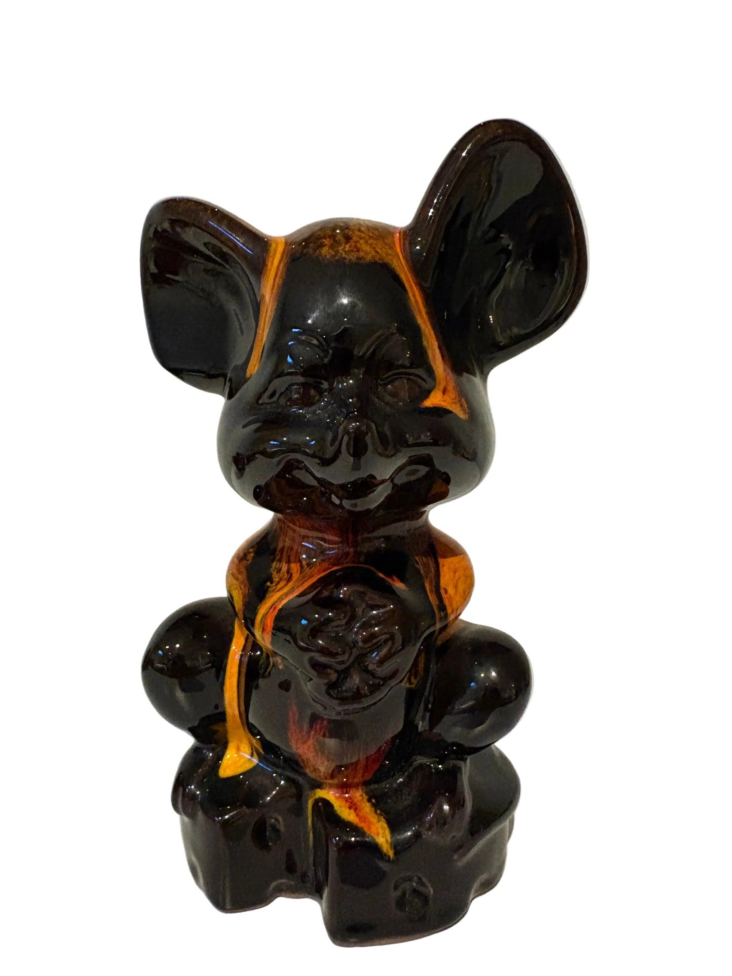 Vintage Black & Amber Lava Glaze Ceramic Mouse Figurine