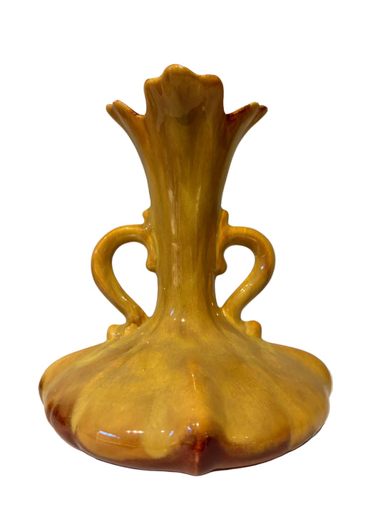 Vintage Art Nouveau Mustard Yellow Double-Handled Ceramic Vase