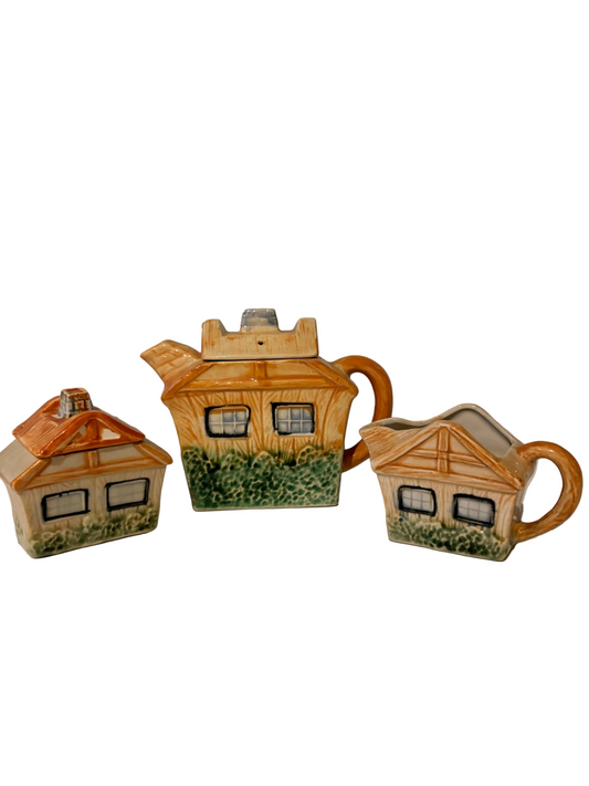 Vintage Ceramic Cottage Tea Set — Teapot, Creamer & Sugar Bowl