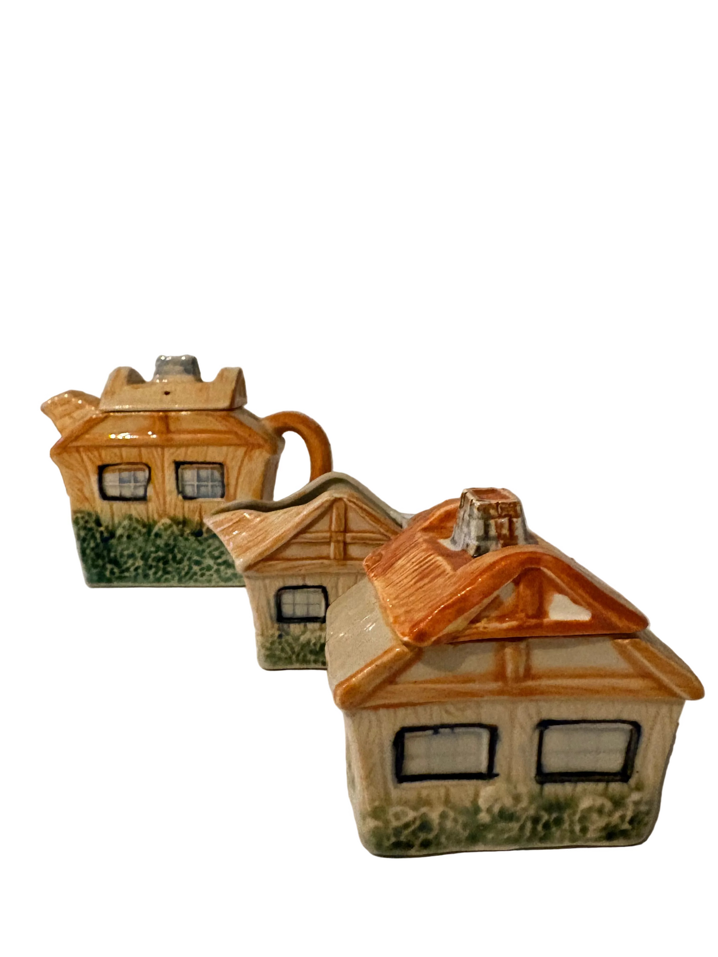 Vintage Ceramic Cottage Tea Set — Teapot, Creamer & Sugar Bowl