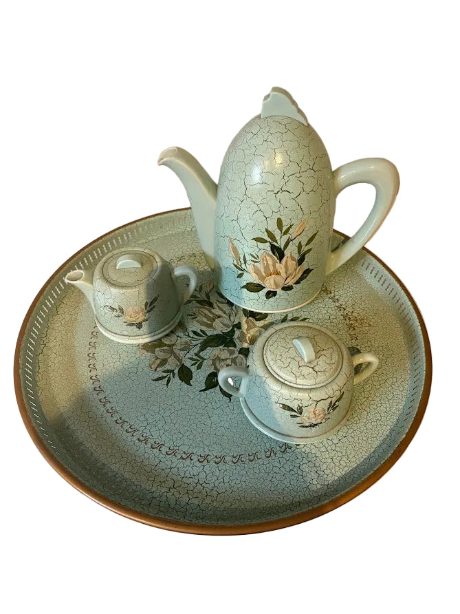 Vintage Duck Egg Blue Crackle Glaze Tea Service with Tray — Complete Set with Tea Cozies