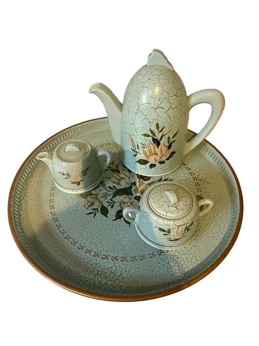 Vintage Duck Egg Blue Crackle Glaze Tea Service with Tray — Complete Set with Tea Cozies