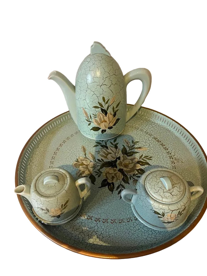 Vintage Duck Egg Blue Crackle Glaze Tea Service with Tray — Complete Set with Tea Cozies