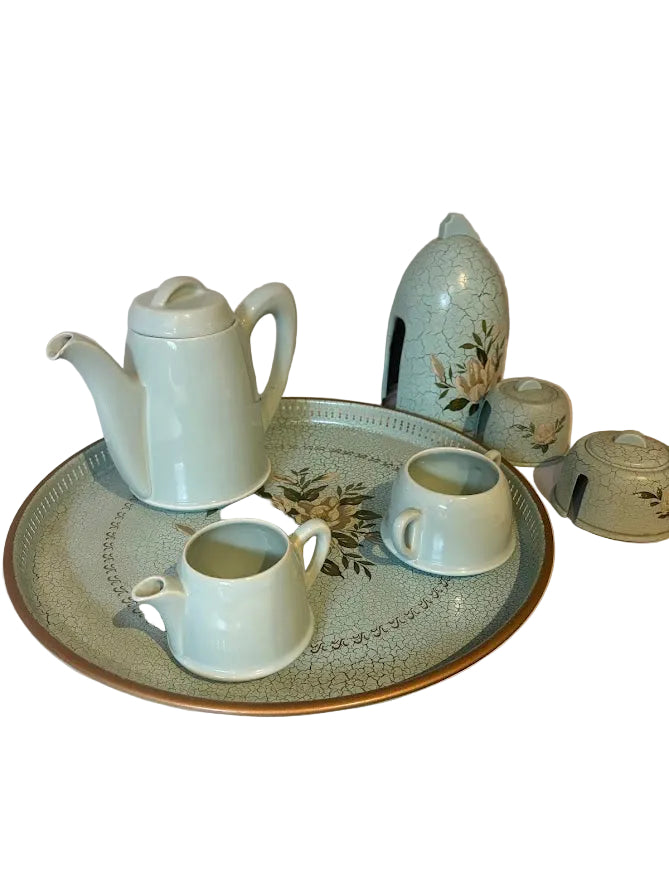 Vintage Duck Egg Blue Crackle Glaze Tea Service with Tray — Complete Set with Tea Cozies