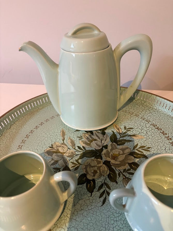 Vintage Duck Egg Blue Crackle Glaze Tea Service with Tray — Complete Set with Tea Cozies