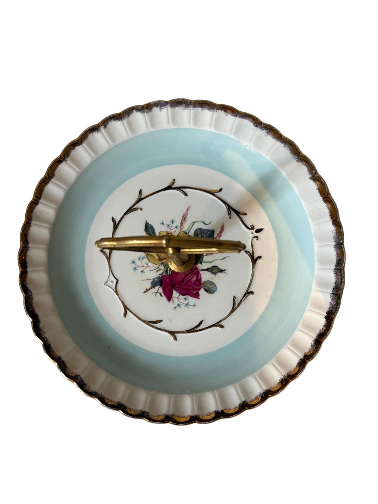 Wood & Sons Porcelain Tidbit Tray — Powder Blue Floral with Brass Handle