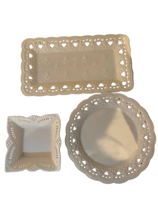 Cream Ceramic Lace-Edge Serving Set — Tray, Plate & Dish