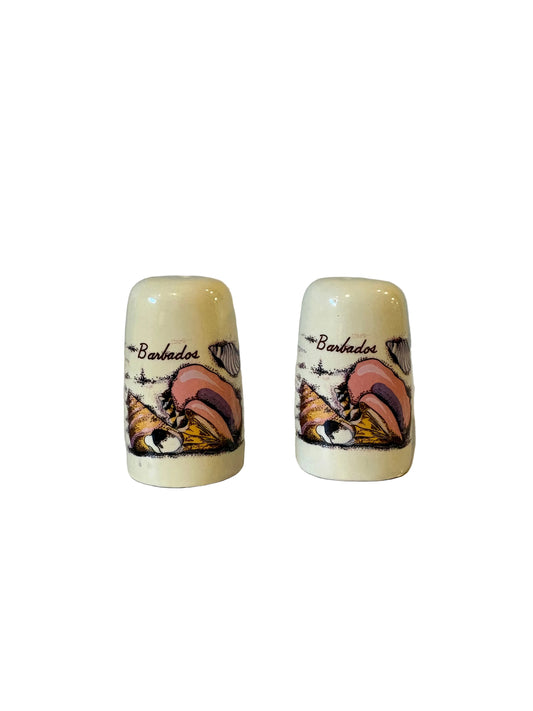 Vintage Barbados souvenir ceramic salt and pepper shakers with seashell motif