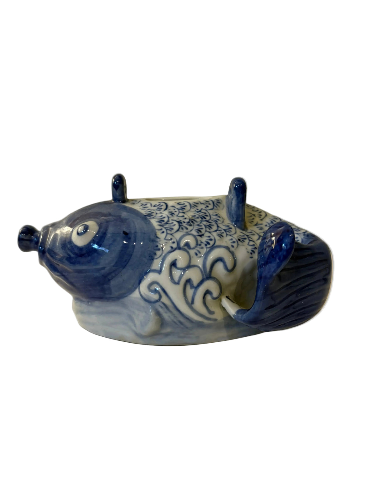 Blue and White Fish-Shaped Porcelain Teapot — Missing Handle & Lid