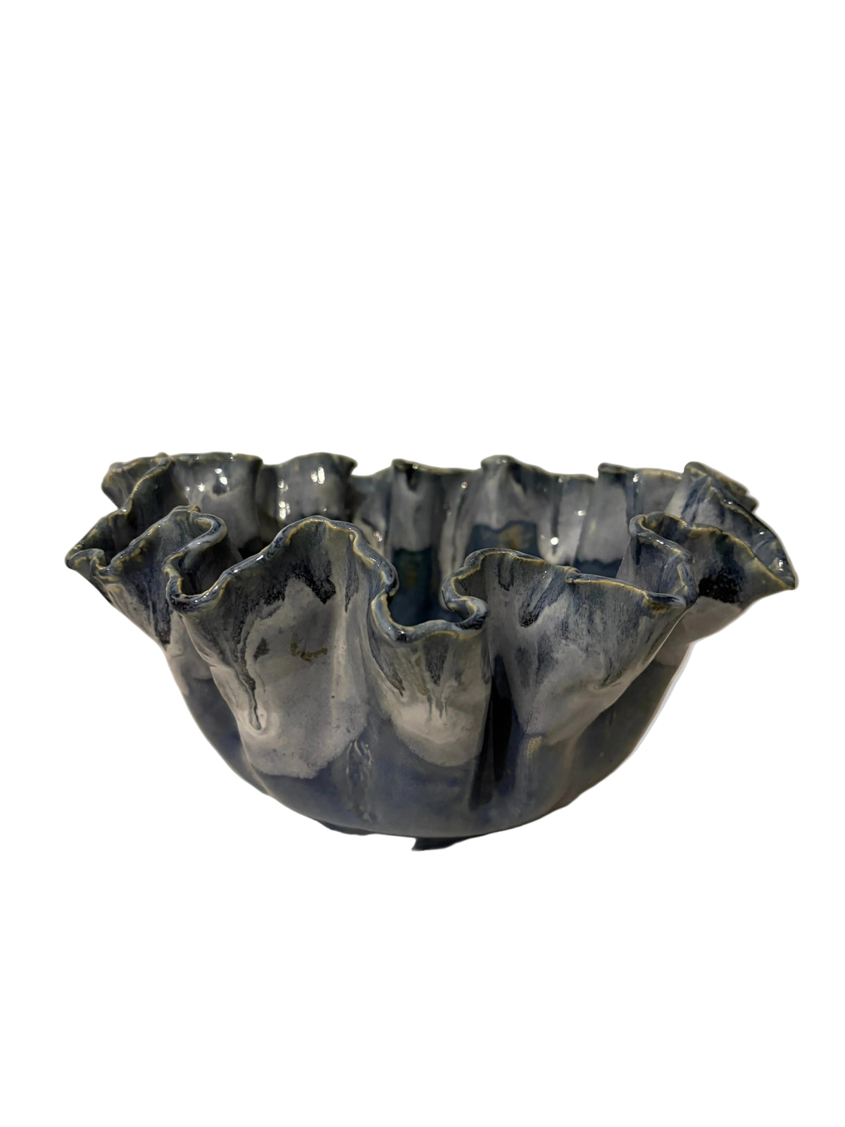 Underside of deep blue ruffled decorative bowl